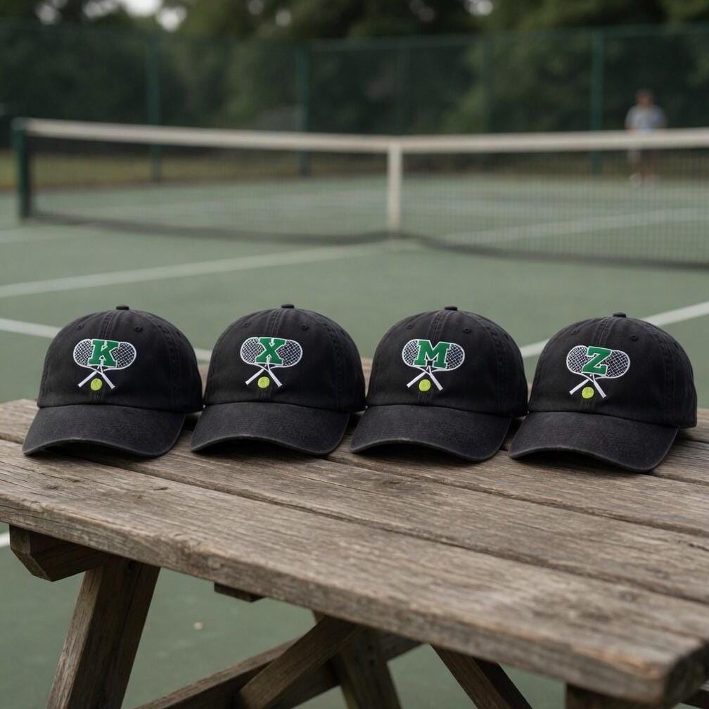 Custom Initial Tennis Hat, Personalized Letter Baseball Cap, Embroidered Tennis Racket Gift, Vintage Washed Dad Hat, Tennis Team Group Gift
