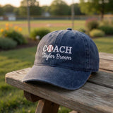 Custom Coach Baseball Hat, Personalized Baseball Coach Gift, Embroidered Name Team Coach Cap, Game Day Sports Gift, Vintage Washed Hat