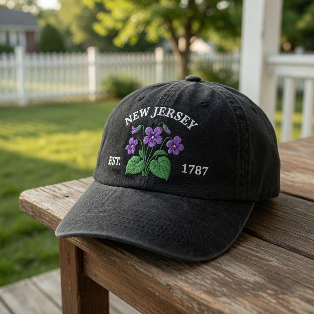 New Jersey Violet Flower Embroidered Hat, Purple Floral Baseball Cap, Garden State Travel Gift
