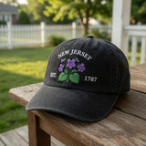 New Jersey Violet Flower Embroidered Hat, Purple Floral Baseball Cap, Garden State Travel Gift