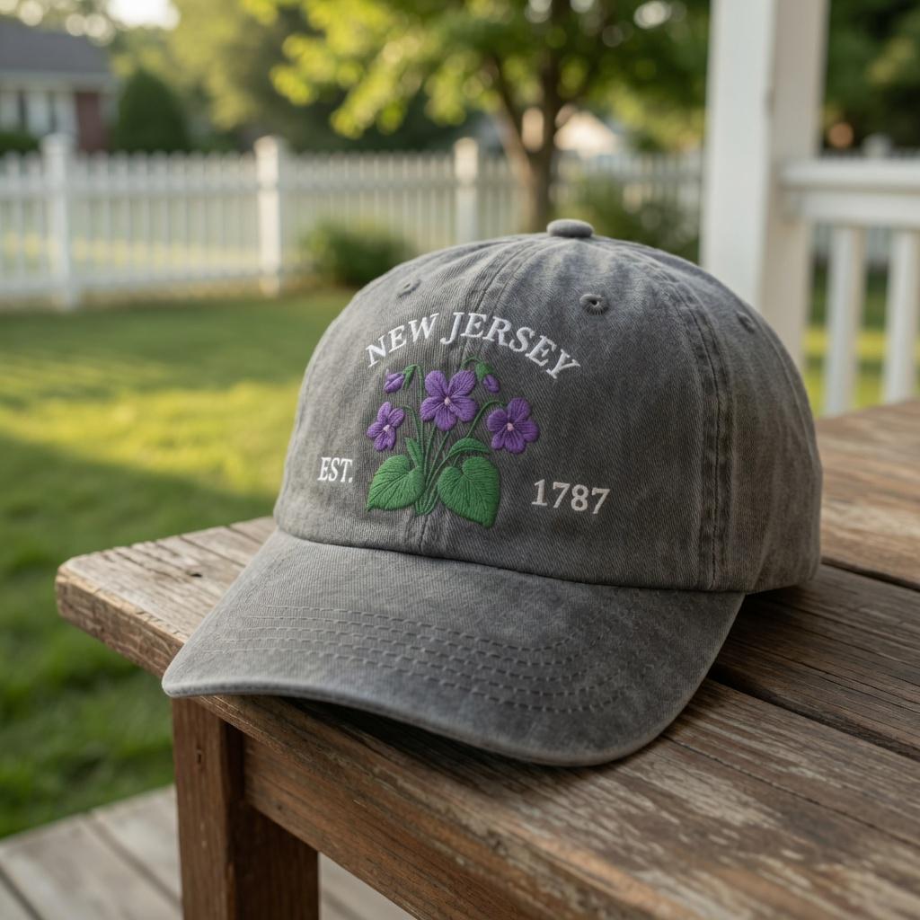 New Jersey Violet Flower Embroidered Hat, Purple Floral Baseball Cap, Garden State Travel Gift