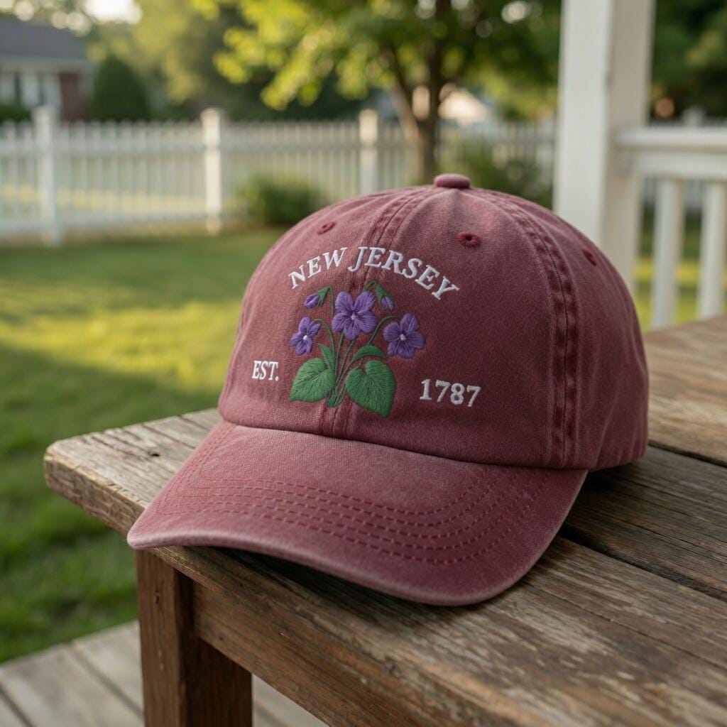 New Jersey Violet Flower Embroidered Hat, Purple Floral Baseball Cap, Garden State Travel Gift