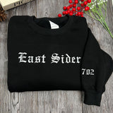 Custom Old English Embroidered Sweatshirt, Personalized Gothic Text Tee, Black on Black Shirt, Old English Font Grunge Streetwear Pullover