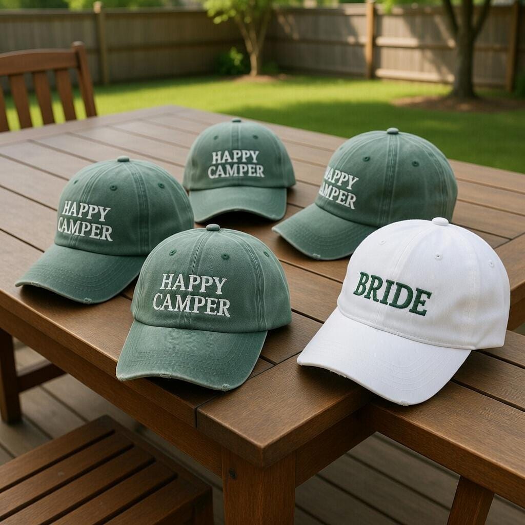 Custom Happy Camper Bachelorette Hats, Retro Camp Bride Baseball Cap, Outdoorsy Bridal Party Gifts, Personalized Wedding Weekend Trucker
