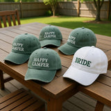 Custom Happy Camper Bachelorette Hats, Retro Camp Bride Baseball Cap, Outdoorsy Bridal Party Gifts, Personalized Wedding Weekend Trucker