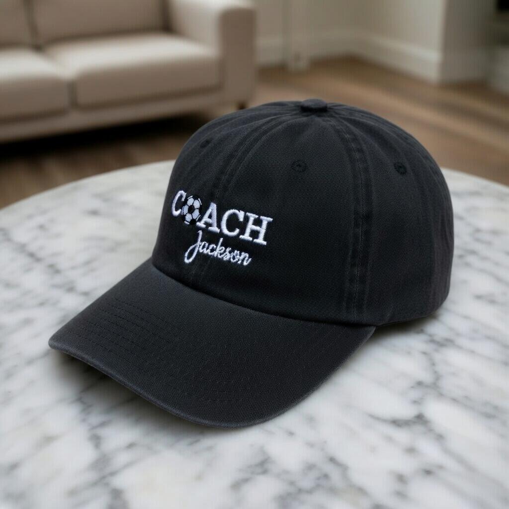 Custom Coach Soccer Embroidered Hat, Personalized Coach Name Cap, Soccer Team Leader Gift, Soccer Ball Embroidery Hat, Gameday Coach Gift