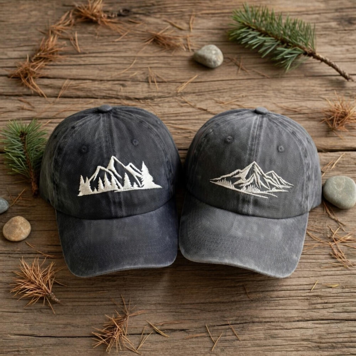 Custom Mountain Hill Embroidered Washed Cap – 100% Cotton Vintage Unisex Nature Hat, Camping Cap