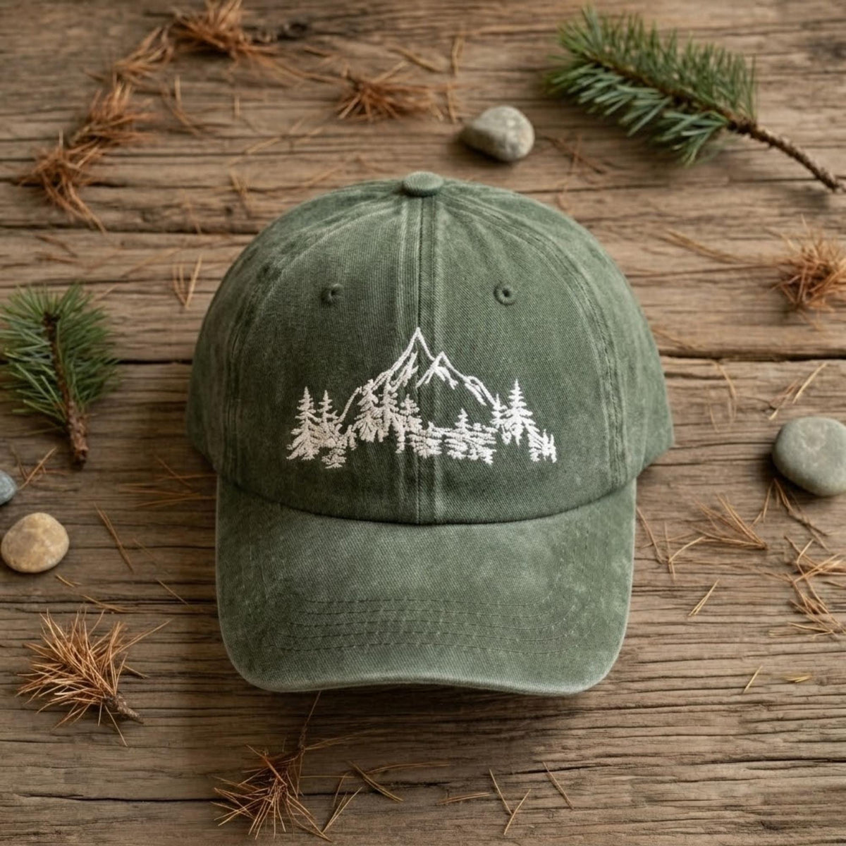 Custom Mountain Hill Embroidered Washed Cap – 100% Cotton Vintage Unisex Nature Hat, Camping Cap