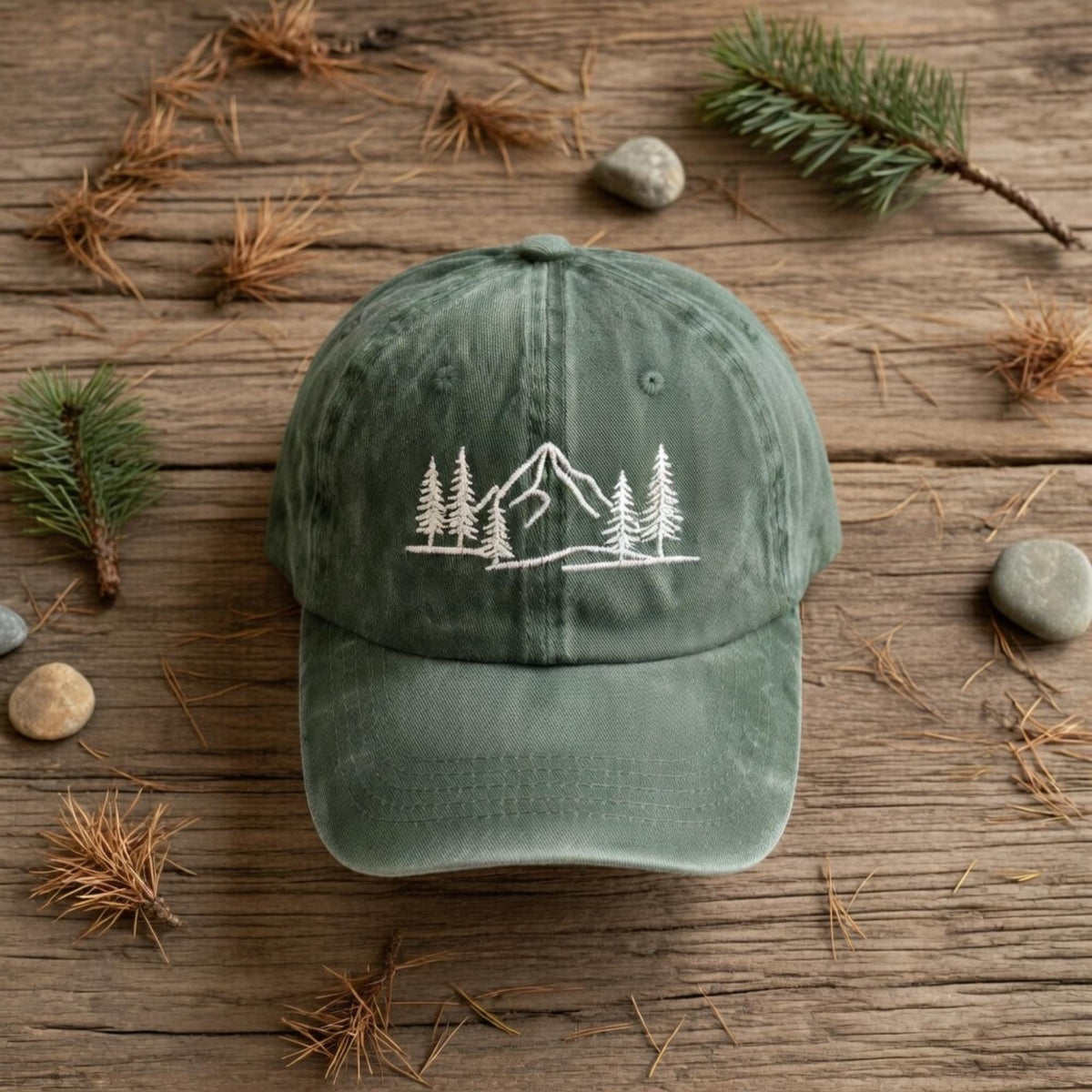 Custom Mountain Hill Embroidered Washed Cap – 100% Cotton Vintage Unisex Nature Hat, Camping Cap