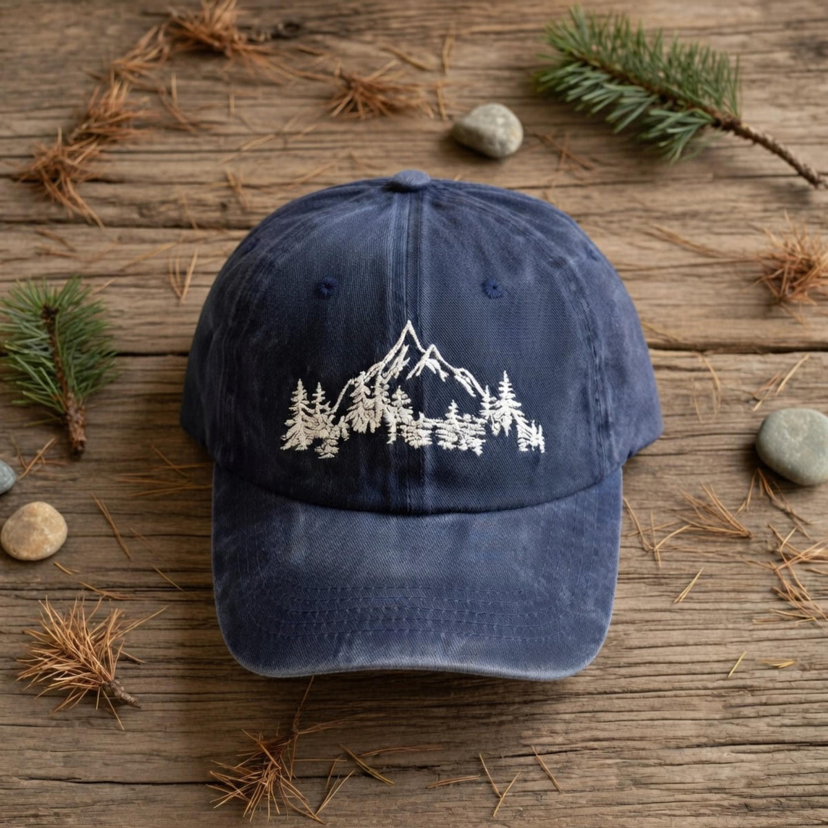 Custom Mountain Hill Embroidered Washed Cap – 100% Cotton Vintage Unisex Nature Hat, Camping Cap
