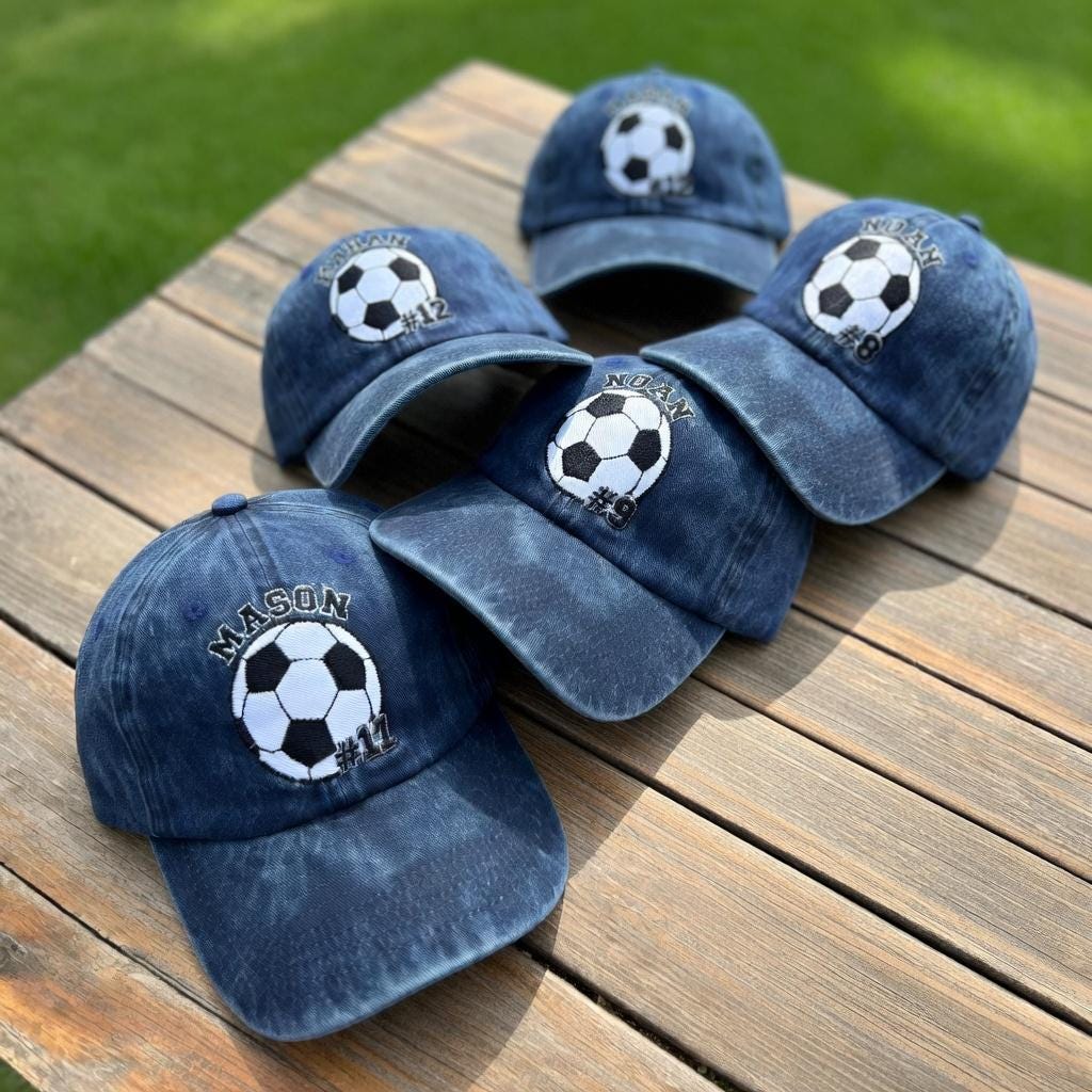 Custom Embroidered Soccer Hat, Personalized Name Number Washed Cotton Cap