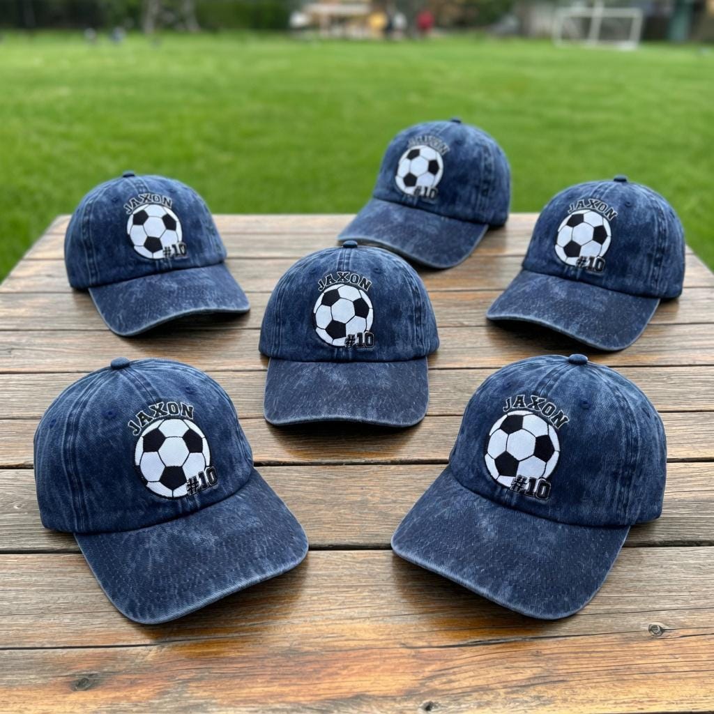 Custom Embroidered Soccer Hat, Personalized Name Number Washed Cotton Cap