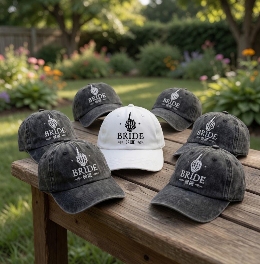 Bride or Die Wedding Hat with Skeleton Hand, Bachelorette Party Embroidered Cap, Gothic Bridal Shower Gift, Retro Distressed Baseball Hat