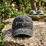 Custom Grandmother Baseball Hat with Heart, Personalized Embroidered Mama Nana Gigi Hat, New Grandma Gift, Vintage Washed Cotton Cap