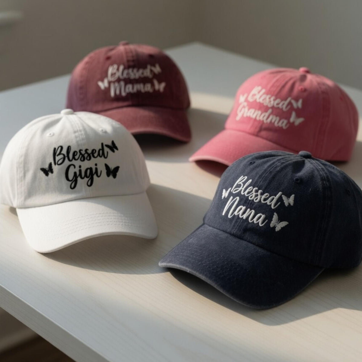 Blessed Mama Grandma Gigi Nana Embroidered Hat, Custom Mother's Day Gift, Washed Cotton Butterfly Baseball Cap, Personalized Grandma Gifts