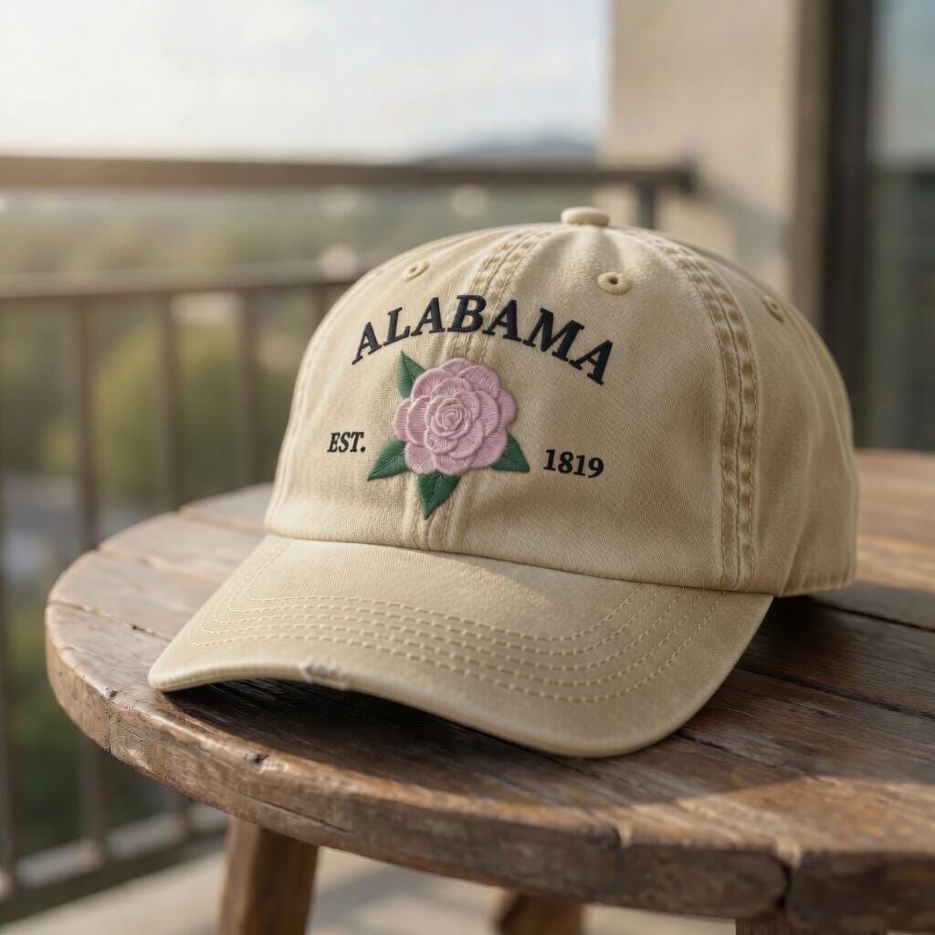 Alabama Camellia Flower Embroidered Hat, Vintage Floral Baseball Cap, Southern Travel Gift