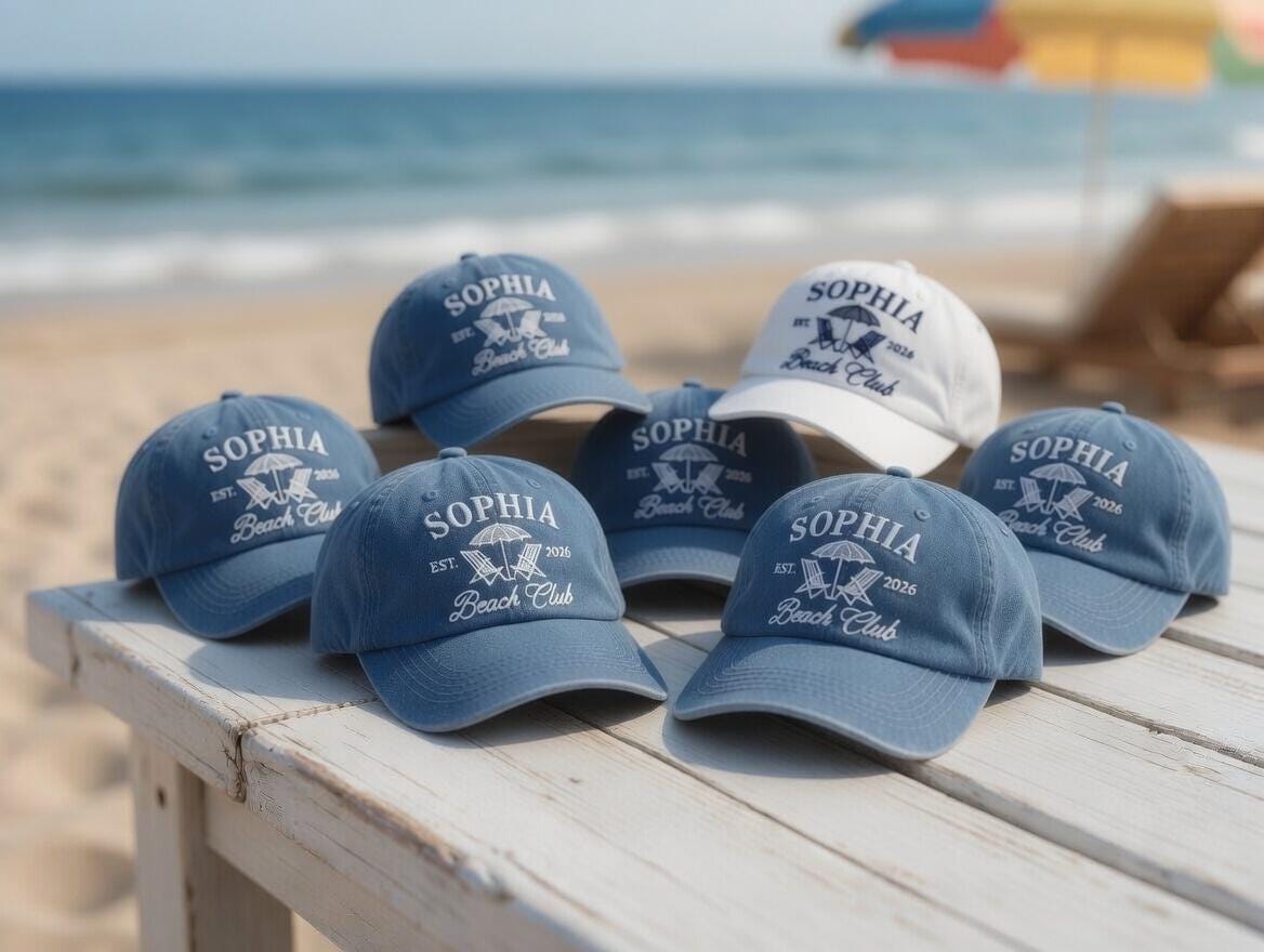 Custom Beach Club Bachelorette Hat, Embroidered Coastal Cap, Bachelorette Party Gift, Aesthetic Summer Trip Headwear, Unique Bridesmaid Cap