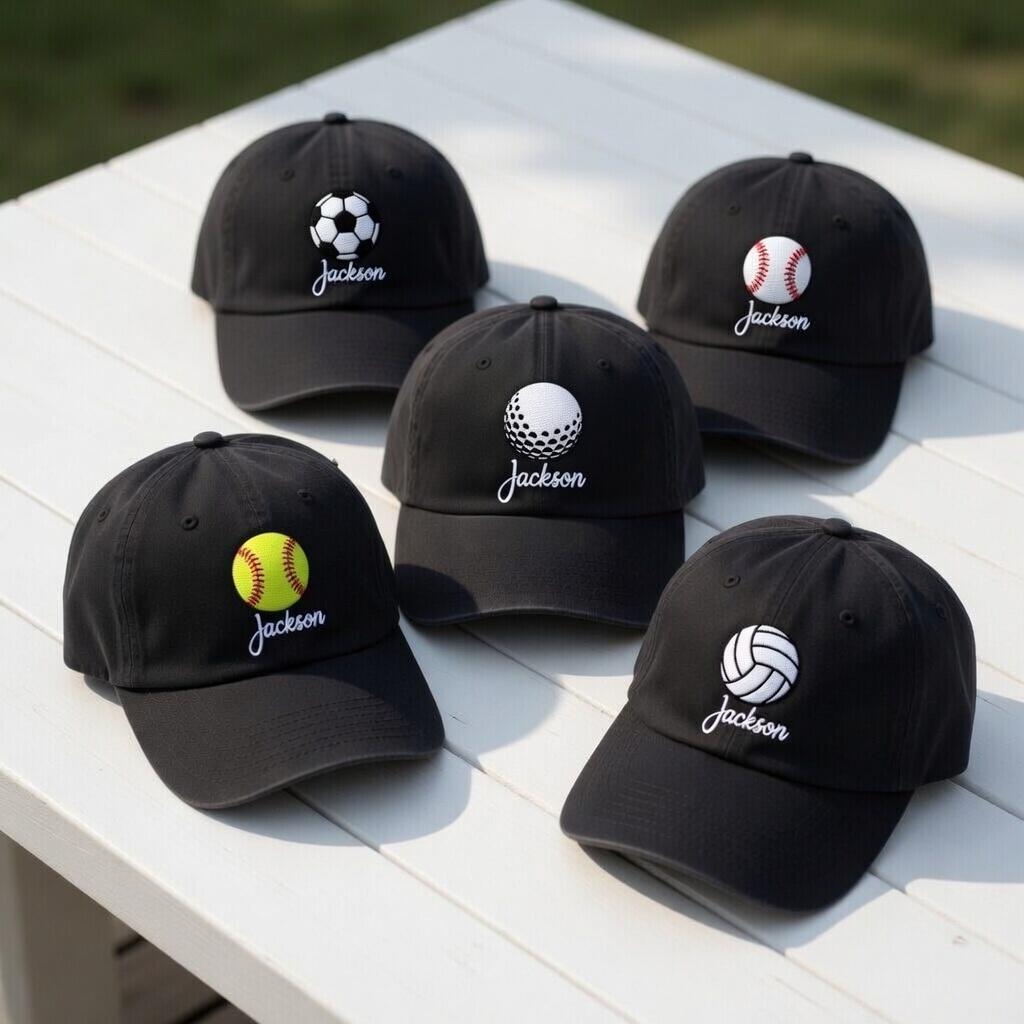 Custom Sports Ball Name Embroidered Hat - Soccer, Golf & Baseball Cap