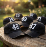 Custom Number Baseball Hat, Personalized Jersey Number Cap, Embroidered Varsity Lucky Number Dad Hat, Vintage Washed Cotton Team Sports Gift