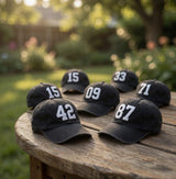 Custom Number Baseball Hat, Personalized Jersey Number Cap, Embroidered Varsity Lucky Number Dad Hat, Vintage Washed Cotton Team Sports Gift