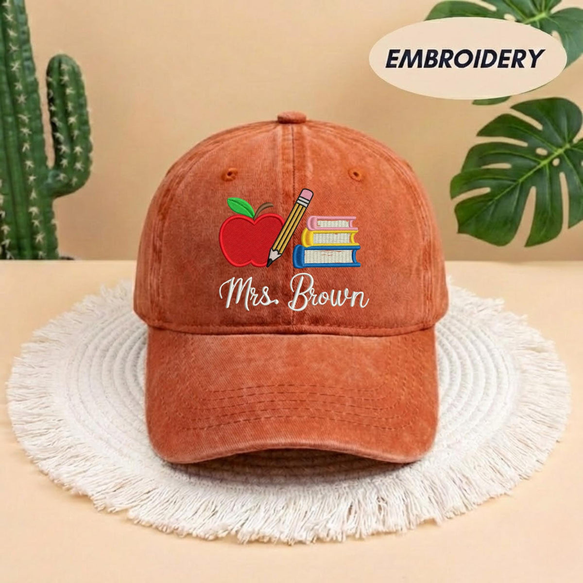 Custom Teacher Name Embroidered Dad Hat - Personalized Apple & Pencil Cotton Baseball Cap