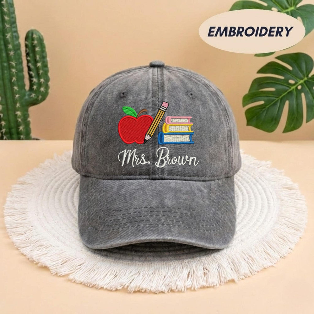 Custom Teacher Name Embroidered Dad Hat - Personalized Apple & Pencil Cotton Baseball Cap