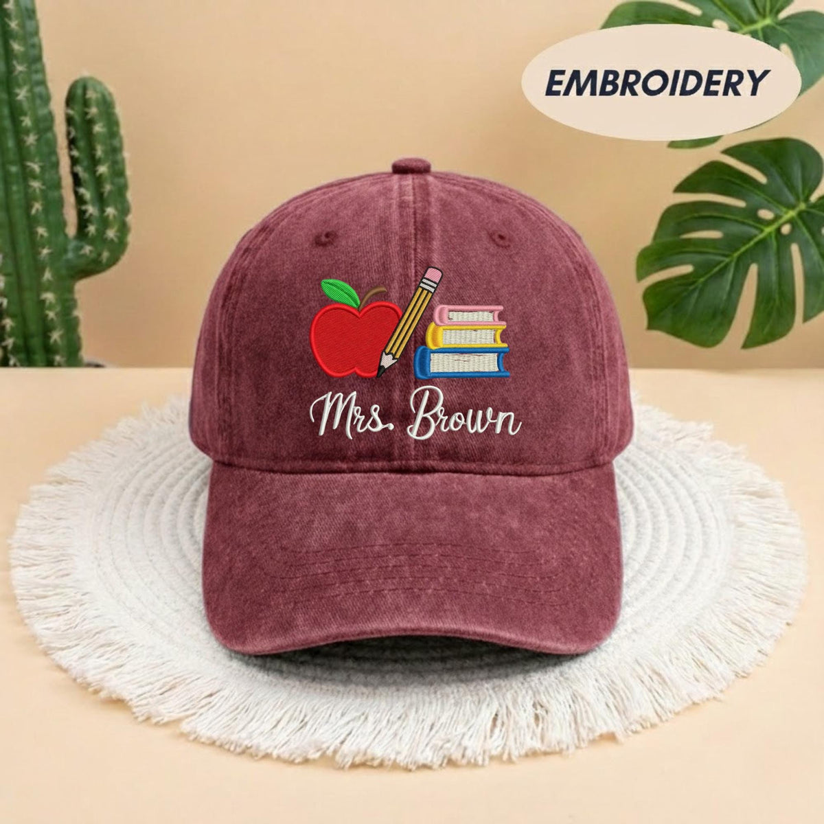Custom Teacher Name Embroidered Dad Hat - Personalized Apple & Pencil Cotton Baseball Cap