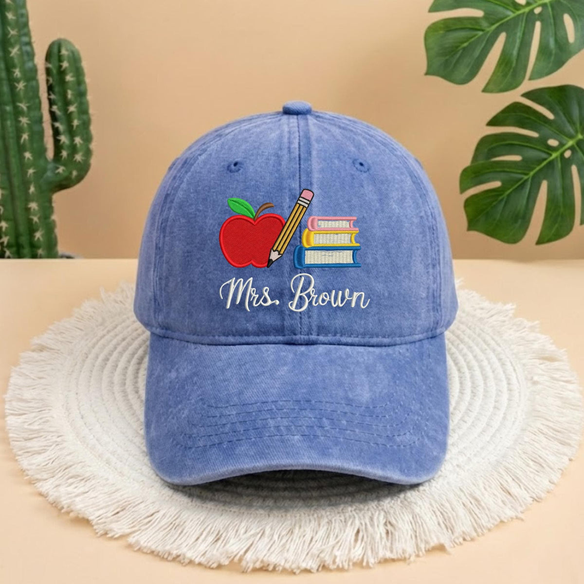 Custom Teacher Name Embroidered Dad Hat - Personalized Apple & Pencil Cotton Baseball Cap