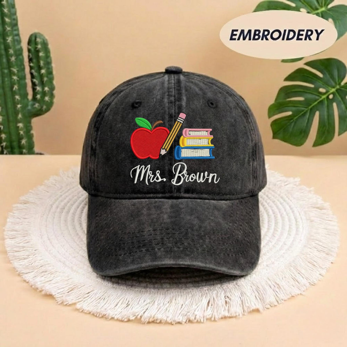 Custom Teacher Name Embroidered Dad Hat - Personalized Apple & Pencil Cotton Baseball Cap