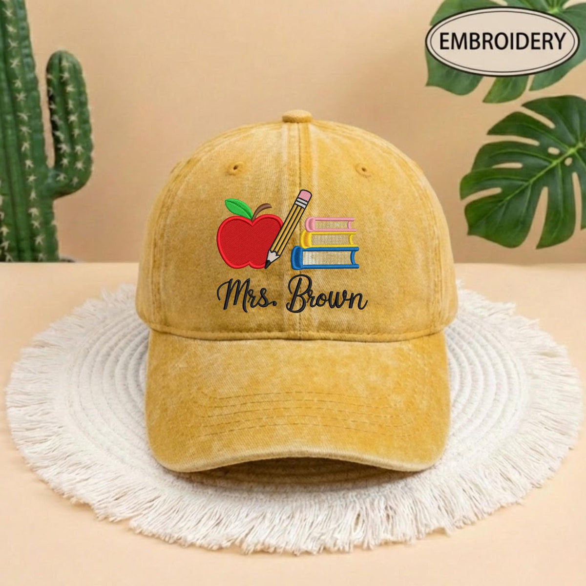 Custom Teacher Name Embroidered Dad Hat - Personalized Apple & Pencil Cotton Baseball Cap