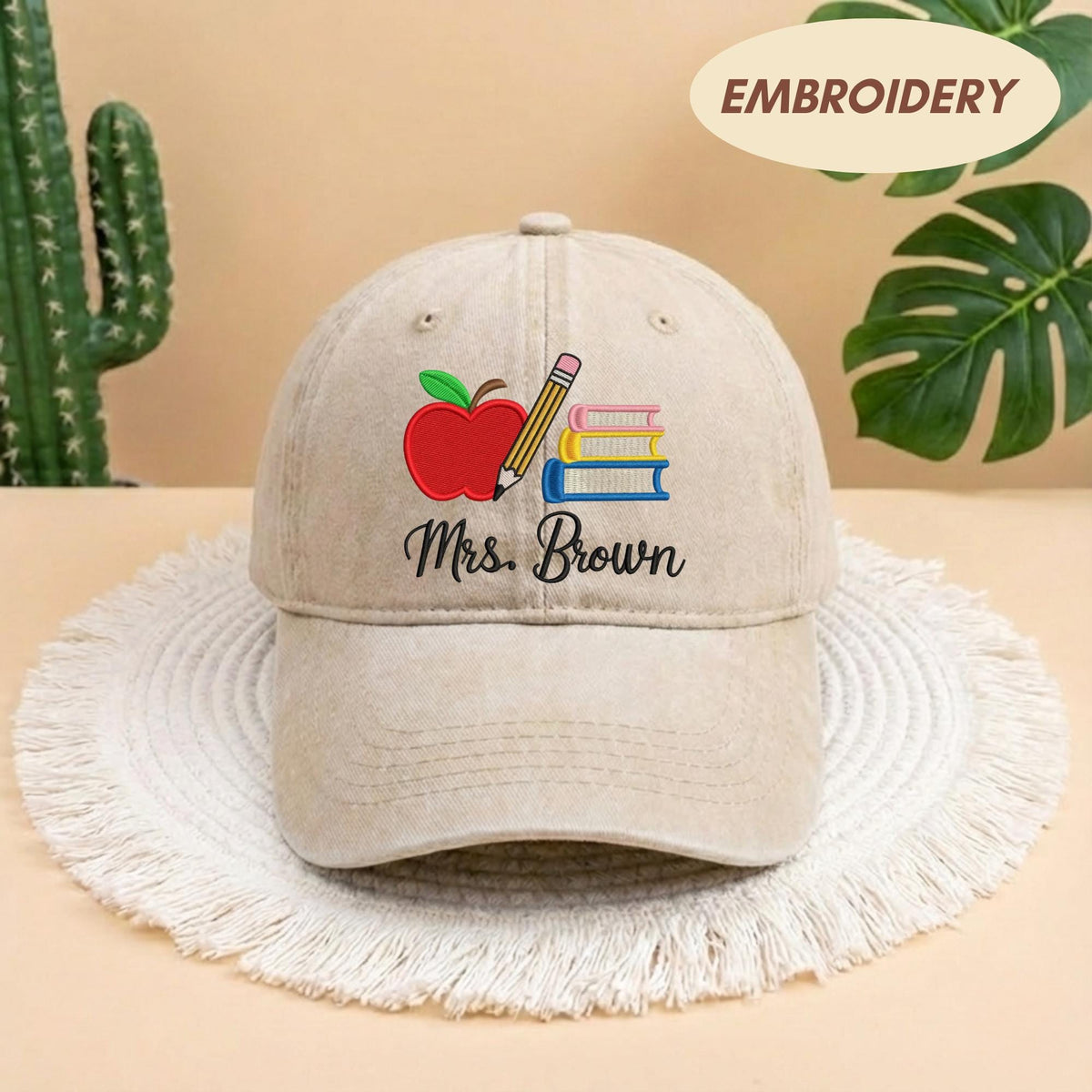 Custom Teacher Name Embroidered Dad Hat - Personalized Apple & Pencil Cotton Baseball Cap