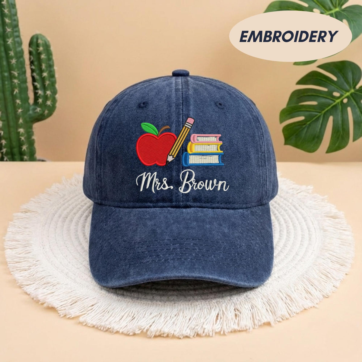 Custom Teacher Name Embroidered Dad Hat - Personalized Apple & Pencil Cotton Baseball Cap