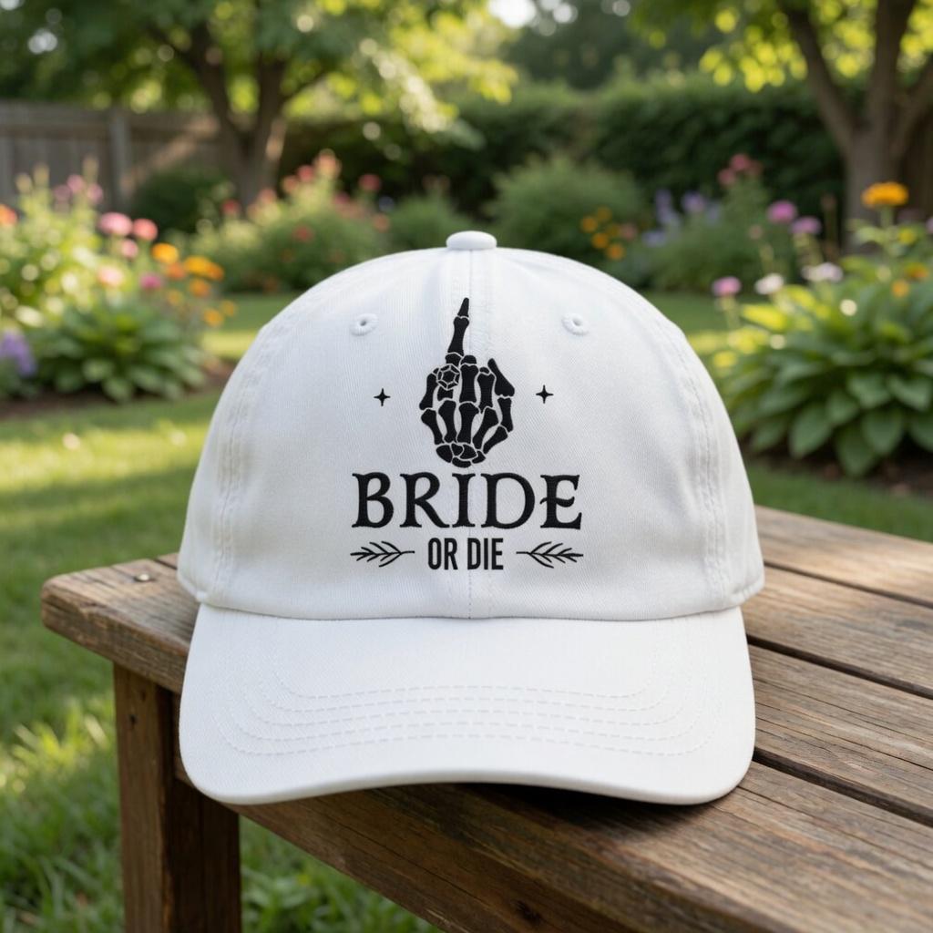 Bride or Die Wedding Hat with Skeleton Hand, Bachelorette Party Embroidered Cap, Gothic Bridal Shower Gift, Retro Distressed Baseball Hat