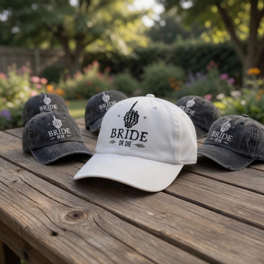 Bride or Die Wedding Hat with Skeleton Hand, Bachelorette Party Embroidered Cap, Gothic Bridal Shower Gift, Retro Distressed Baseball Hat