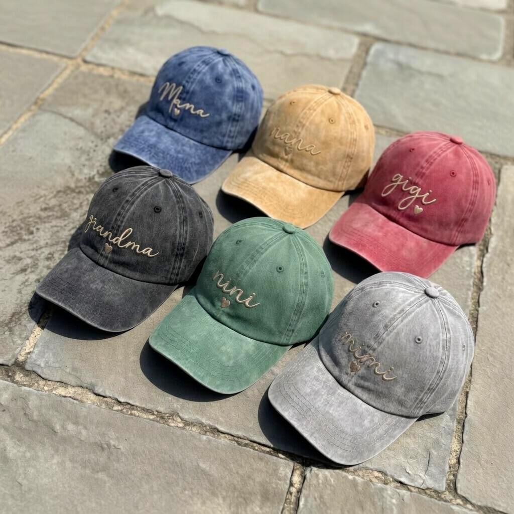 Custom Grandmother Baseball Hat with Heart, Personalized Embroidered Mama Nana Gigi Hat, New Grandma Gift, Vintage Washed Cotton Cap
