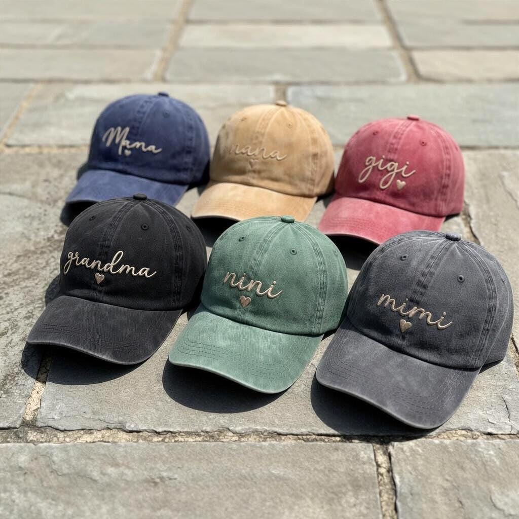 Custom Grandmother Baseball Hat with Heart, Personalized Embroidered Mama Nana Gigi Hat, New Grandma Gift, Vintage Washed Cotton Cap
