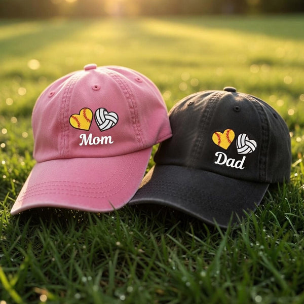 Personalized Dual Sports Heart Embroidered Hat Set of 2, Custom Softball Volleyball Number Caps, Matching Sports Mom Gift