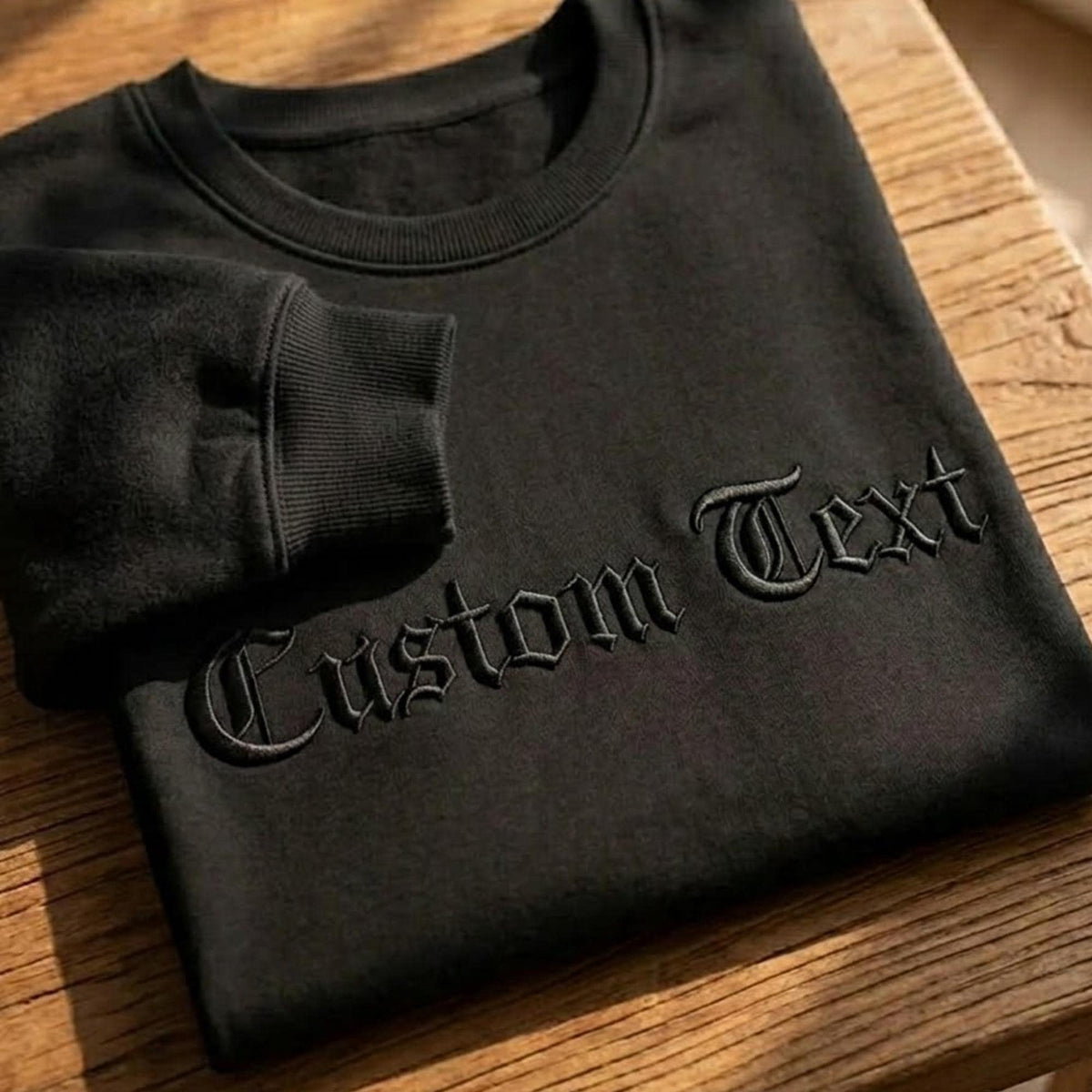 Custom Old English Embroidered Sweatshirt, Personalized Gothic Text Tee, Black on Black Shirt, Old English Font Grunge Streetwear Pullover