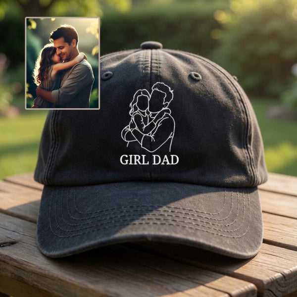 Custom Dad of Girls Photo Line Art Embroidered Hat - Portrait Girl Dad Cap