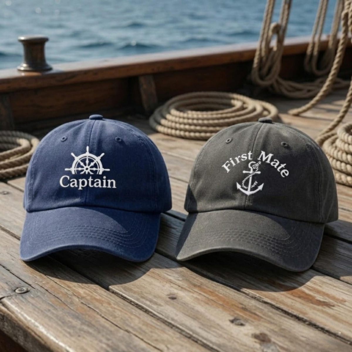 Matching Captain and First Mate Embroidered Hats, Nautical Couple Baseball Caps, Boating Gift