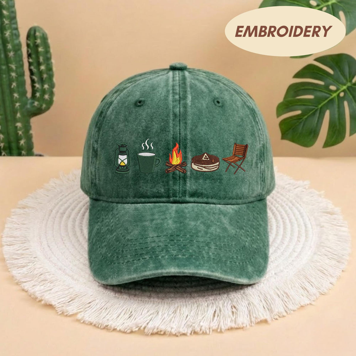 Camping Icon Embroidered Baseball Cap - Outdoor Mountain Wilderness Explorer Cotton Dad Hat