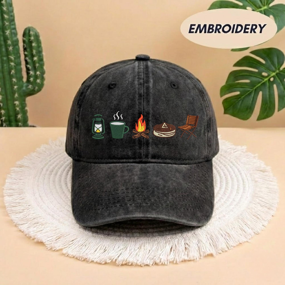 Camping Icon Embroidered Baseball Cap - Outdoor Mountain Wilderness Explorer Cotton Dad Hat