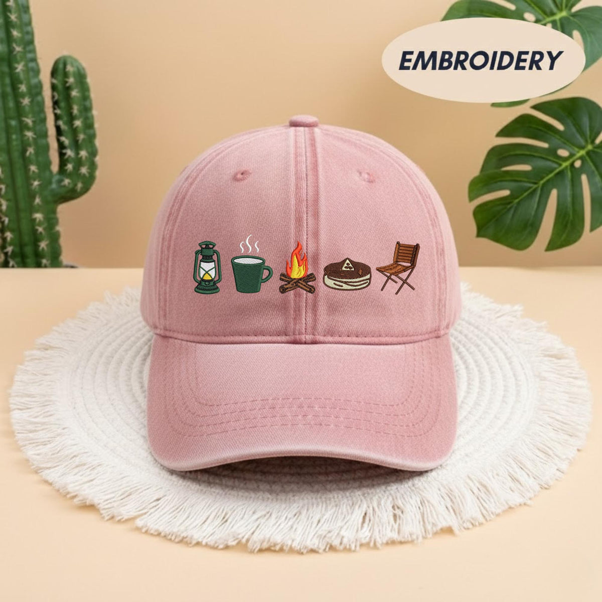 Camping Icon Embroidered Baseball Cap - Outdoor Mountain Wilderness Explorer Cotton Dad Hat