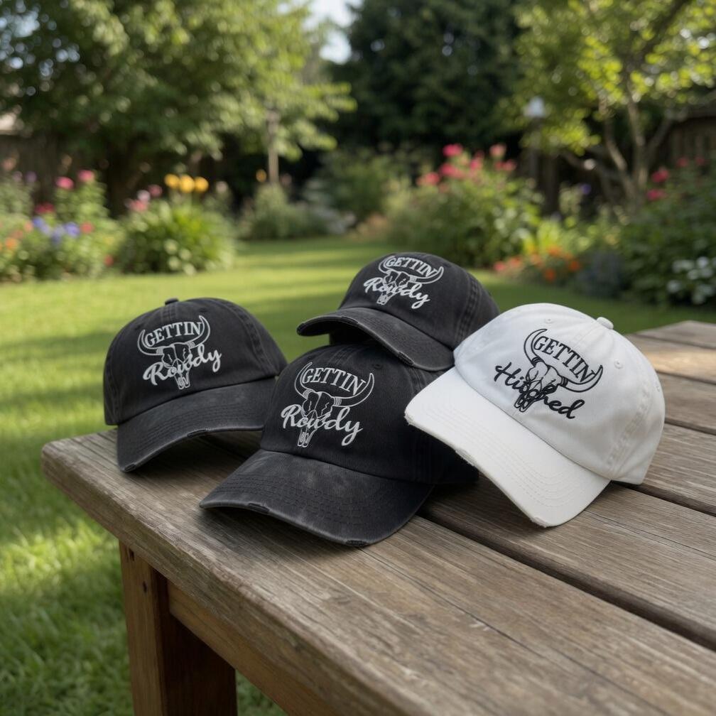 Custom Gettin' Hitched Gettin' Rowdy Hats, Western Bachelorette Party Caps, Cowboy Boot Bridal Party Gift, Nashville Bach Favors Dad Hat