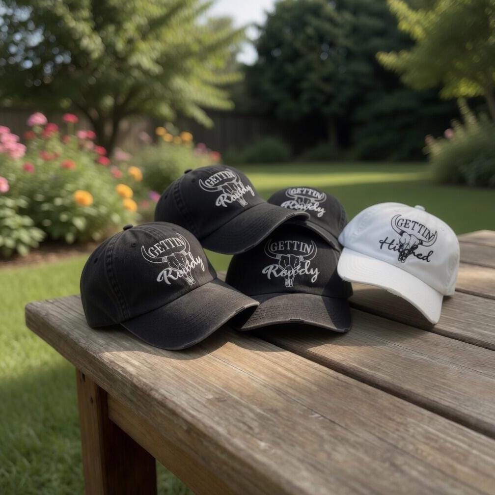 Custom Gettin' Hitched Gettin' Rowdy Hats, Western Bachelorette Party Caps, Cowboy Boot Bridal Party Gift, Nashville Bach Favors Dad Hat