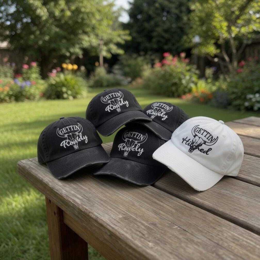 Custom Gettin' Hitched Gettin' Rowdy Hats, Western Bachelorette Party Caps, Cowboy Boot Bridal Party Gift, Nashville Bach Favors Dad Hat