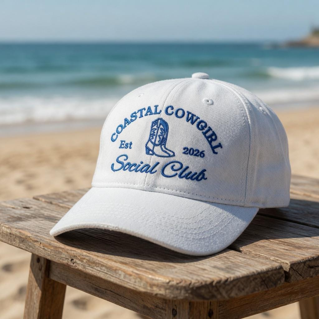 Custom Coastal Cowgirl Hat, Vintage Beach Social Club Embroidered Dad Cap, Western Boot Personalized Vacation Gift, Retro Summer Baseball