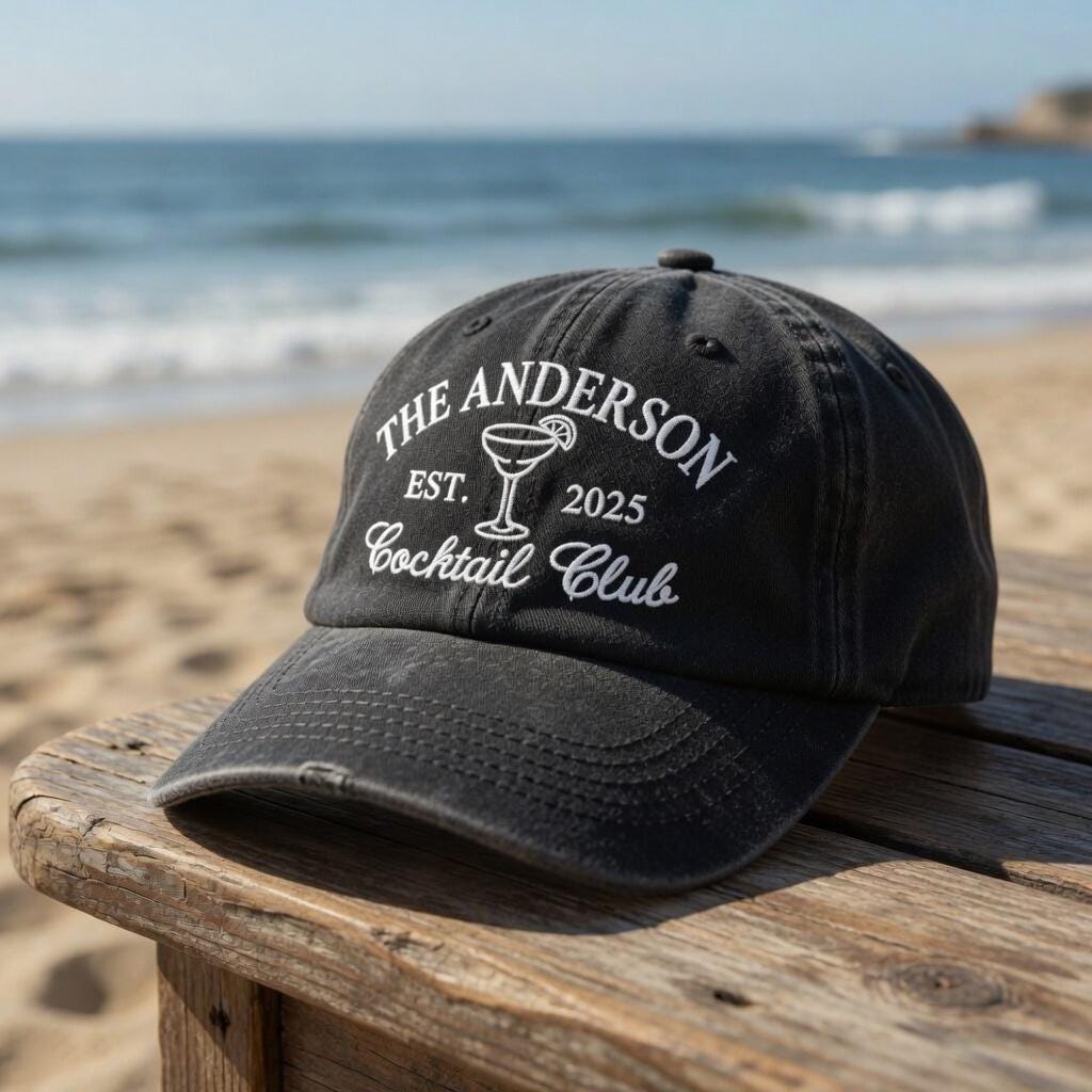 Custom Cocktail Club Hat, Vintage Family Vacation Embroidered Dad Cap, Personalized Last Name Gift, Retro Beach Trip Baseball Cotton Hat