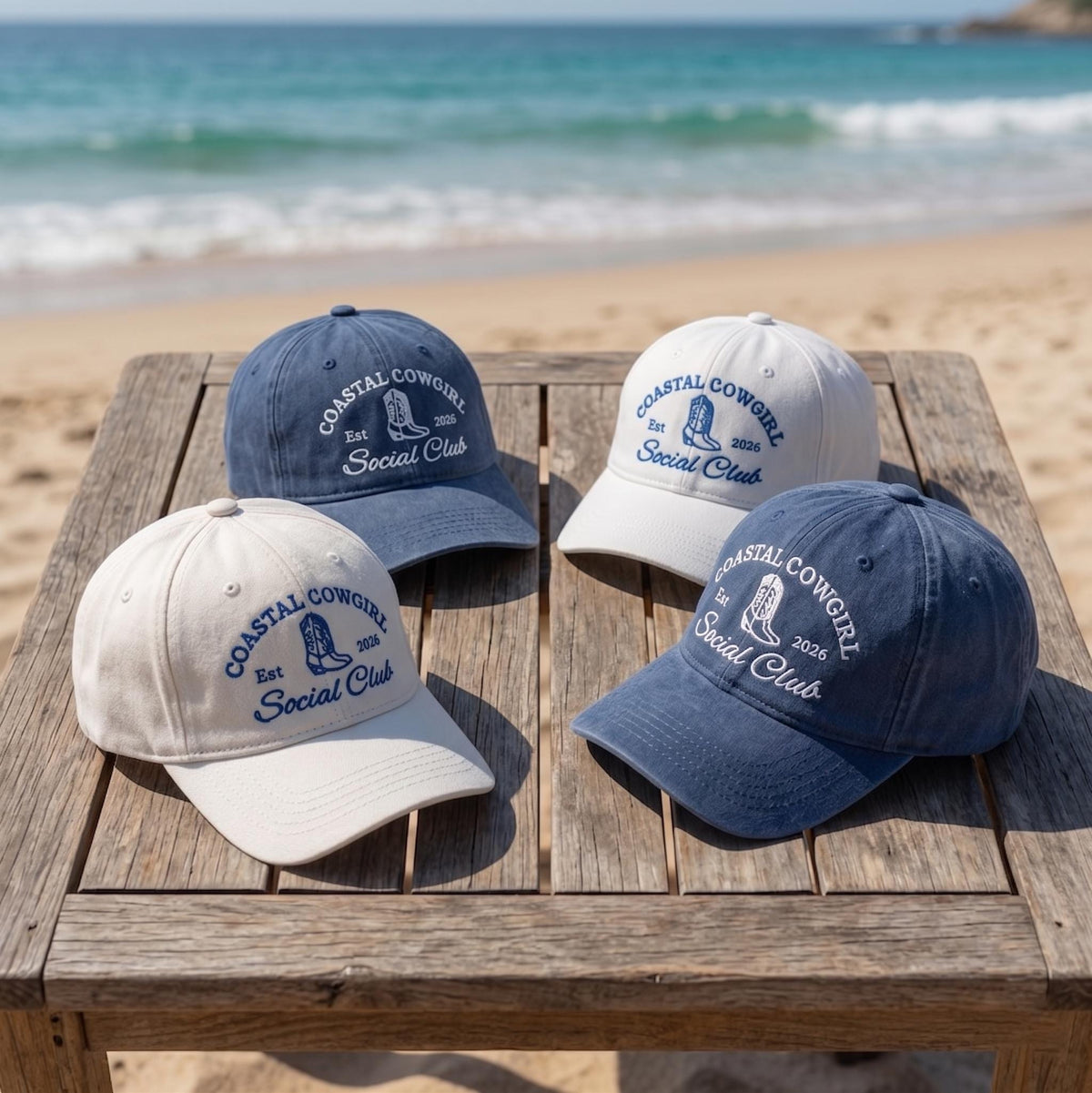 Custom Coastal Cowgirl Hat, Vintage Beach Social Club Embroidered Dad Cap, Western Boot Personalized Vacation Gift, Retro Summer Baseball