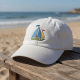 Custom Beach Hat, Embroidered Sailboat Lighthouse White Dad Cap, Personalized Palm Tree Vacation Gift, Retro Nautical Summer Baseball Hat